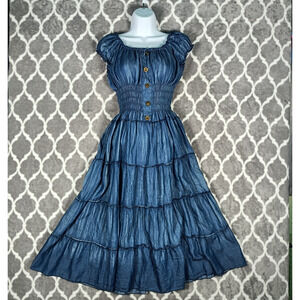 Prairie Peasant Dress Womens Small Medium Blue Smocked Tiered Maxi Western